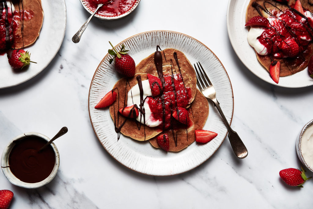 Vegan Pancakes with Strawberries & Chocolate - Emma Harrel Photography
